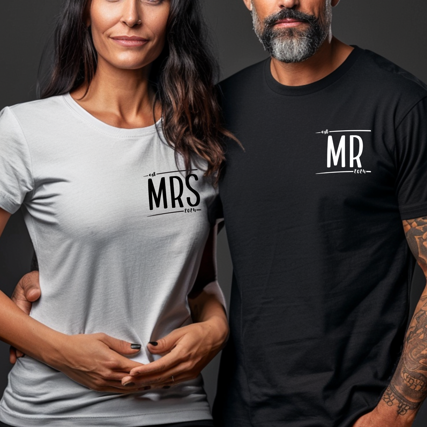 Couples Mr and Mrs Left Chest Print Matching T-Shirts/Sweatshirt/Hoodie - His and Hers