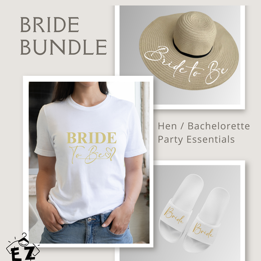 Bride Bundle - Bride Tee, Hat & Sliders - Gifts for Brides - Bridal Party - Hen Party