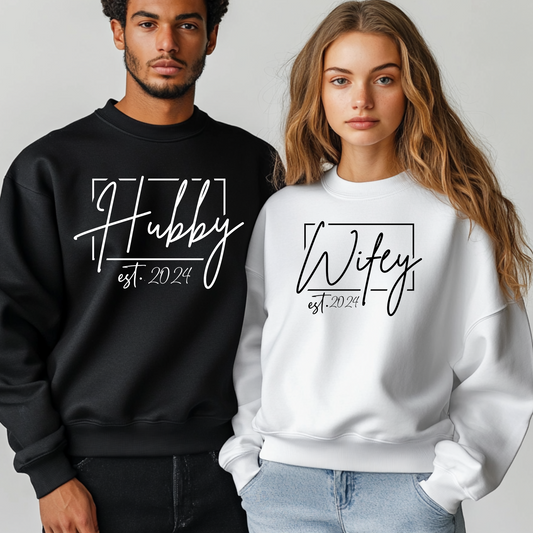 Couples Hubby and Wifey est "Date" Matching T-Shirts/Sweatshirt/Hoodie - His and Hers