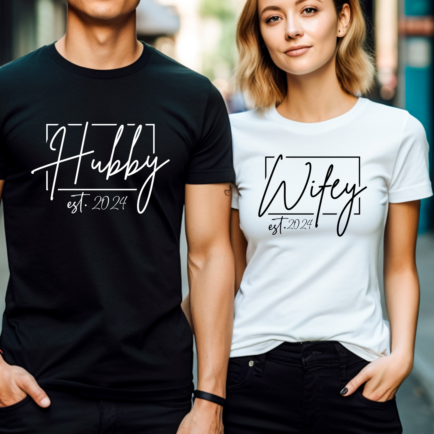 Couples Hubby and Wifey est "Date" Matching T-Shirts/Sweatshirt/Hoodie - His and Hers